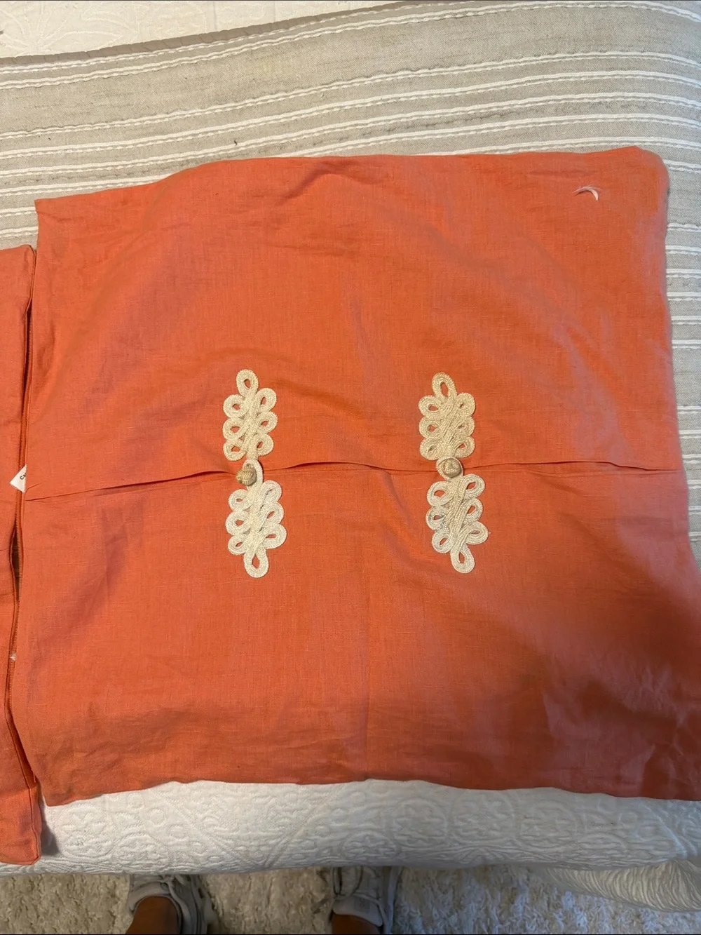 Ballard Designs Coral Decorative Accent Pillow Cover with White Embellishments